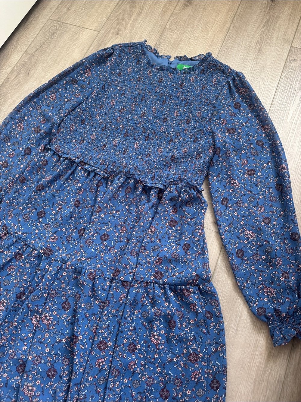 Blue Floral Long-Sleeve Smocked Dress - Picture 3 of 6